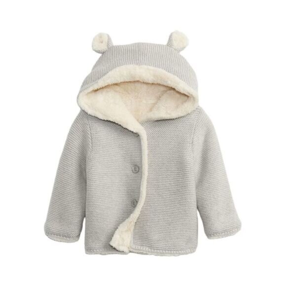 Baby Gap Sherpa Lined Gray Garter Knit Hoodie Jacket 6–12M Cozy Winter Neutral - Picture 1 of 9